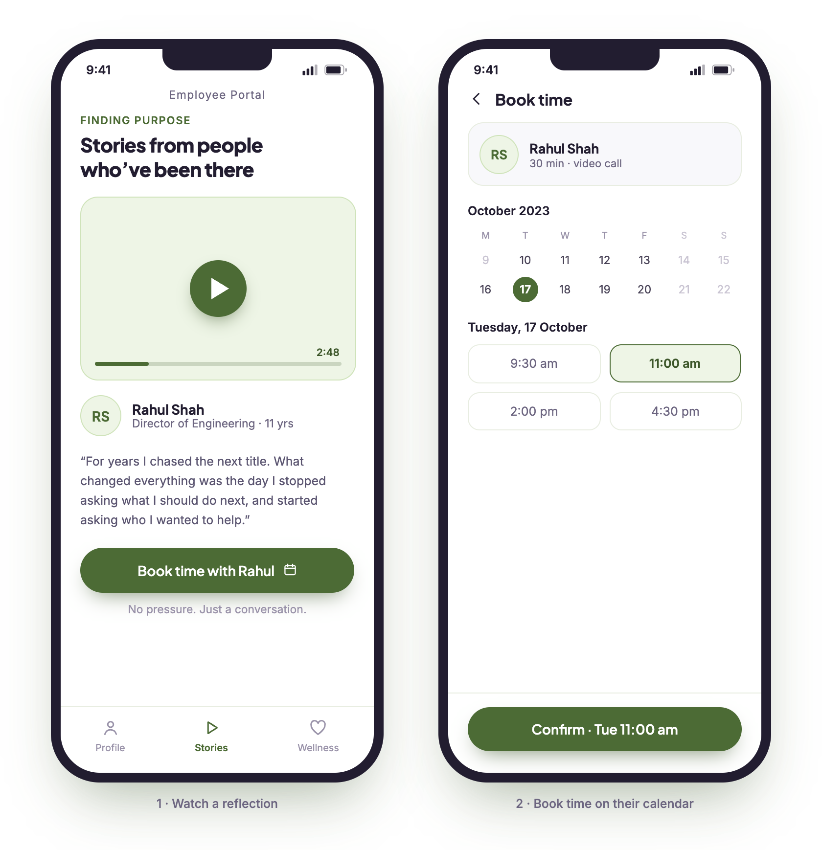 Two phone screens of the MVP #2 concept. Left: a Stories screen titled 'Stories from people who've been there' with a 3-minute reflection video and a short quote. Right: a Book time screen with a calendar to schedule a 30-minute video call with the person.